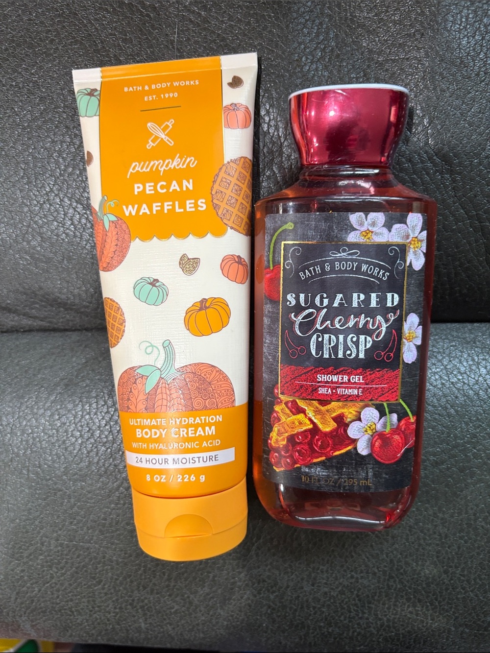 Bath and body fall set in pumpkin pecan waffles and sugared cherry chrisp